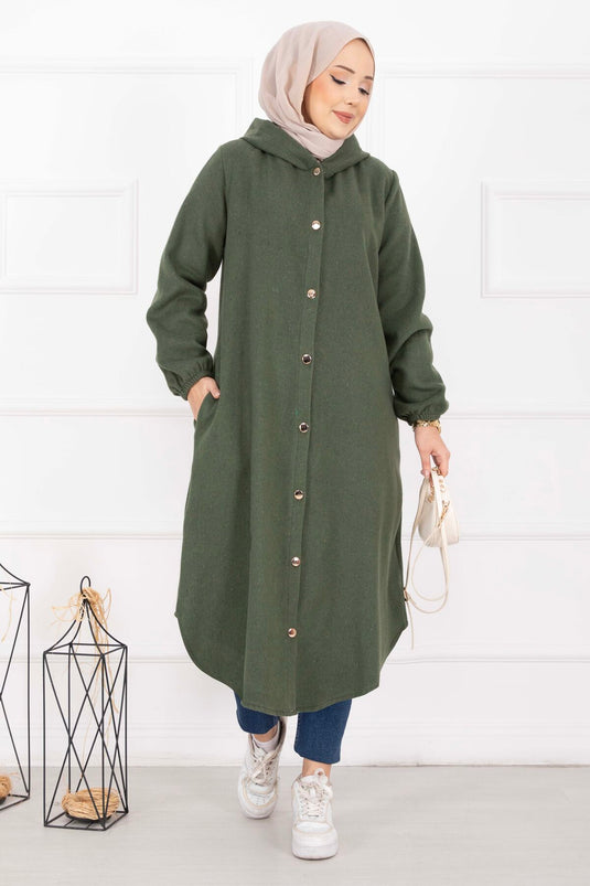 Manteau en drap à capuche, boutonné sur toute la longueur, couleur kaki