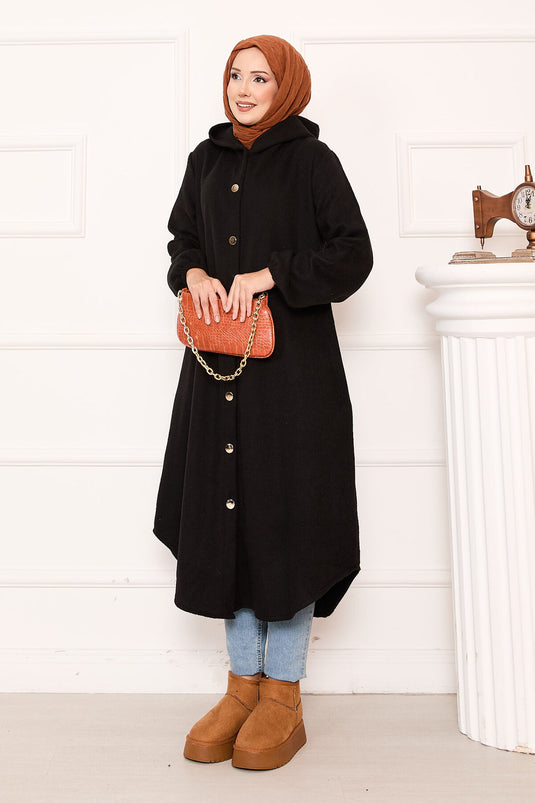 Manteau à capuche boutonné en cachemire noir