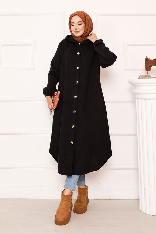 Manteau à capuche boutonné en cachemire noir