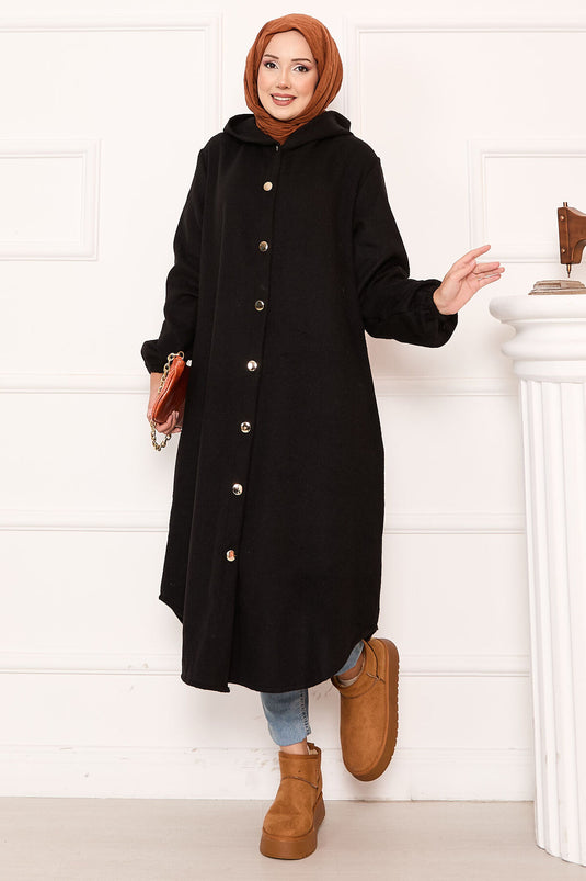 Manteau à capuche boutonné en cachemire noir