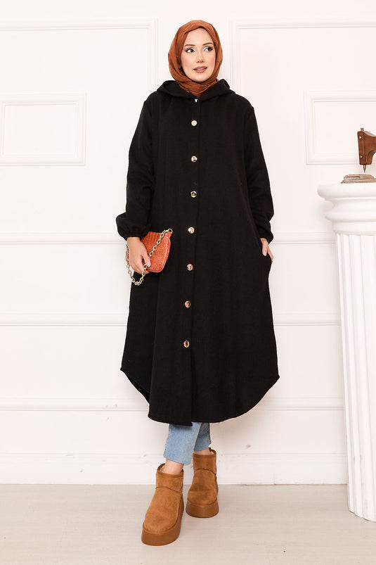 Manteau à capuche boutonné en cachemire noir