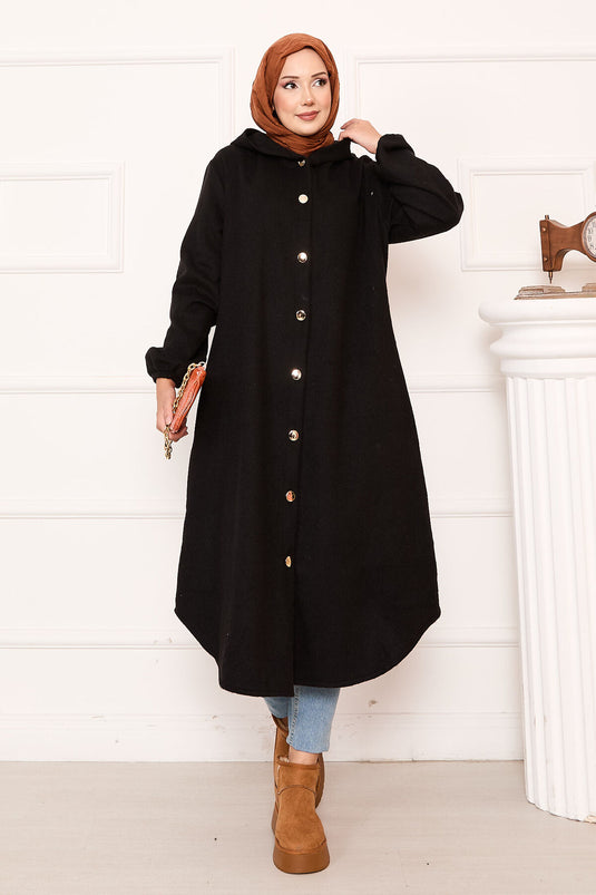 Manteau à capuche boutonné en cachemire noir