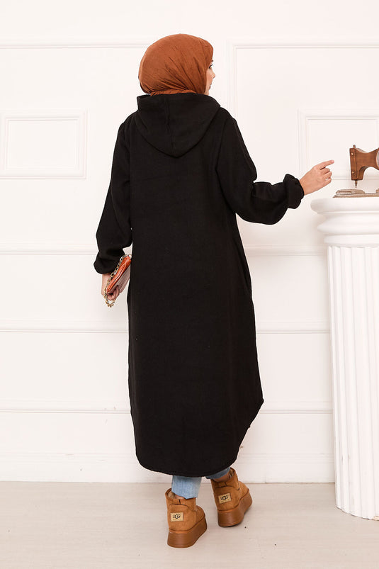 Manteau à capuche boutonné en cachemire noir