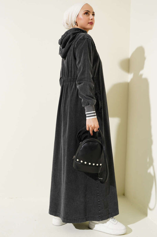 Hooded Button-Down Denim Dress in Smoke