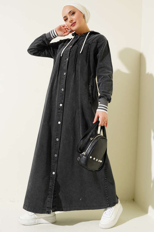 Kapuzen-Jeanskleid mit Knopfleiste in Rauchgrau