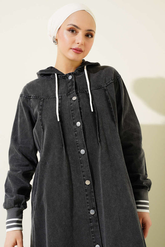 Hooded Button-Down Denim Dress in Smoke