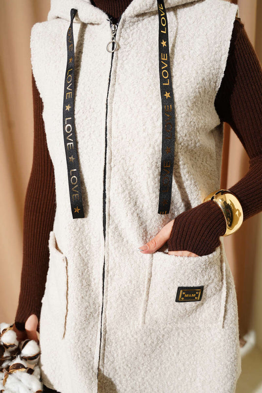 Kapüşonlu Buklet Yelek Bej