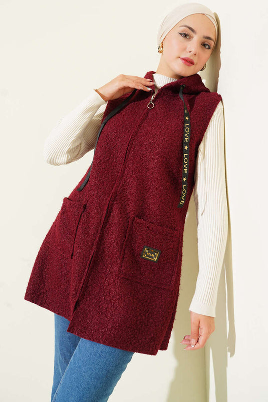 Hooded Bouclé Vest, Burgundy