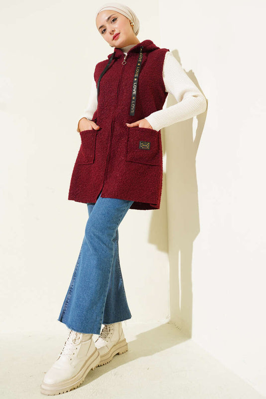 Hooded Bouclé Vest, Burgundy