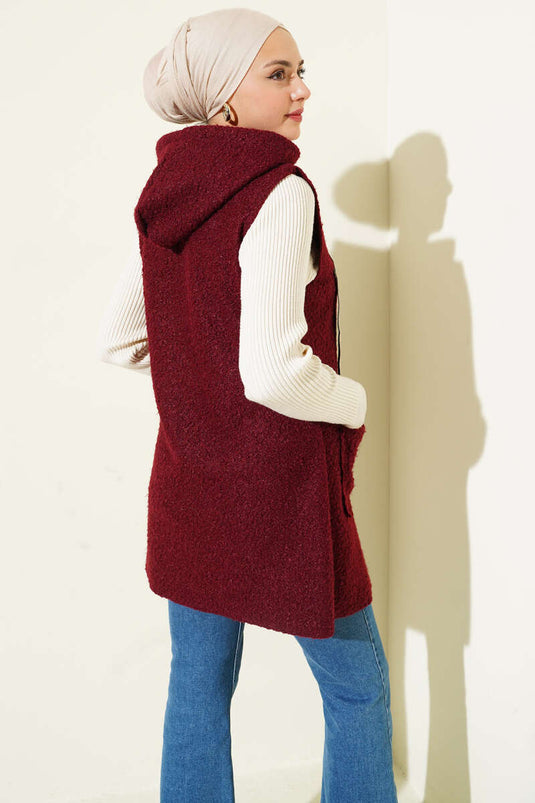 Hooded Bouclé Vest, Burgundy