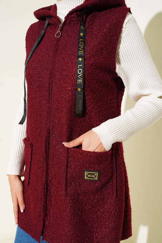 Hooded Bouclé Vest, Burgundy