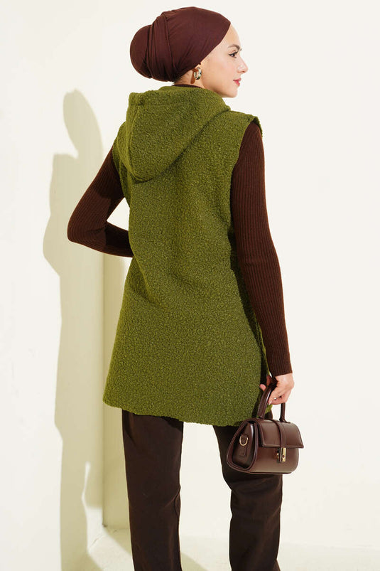 Hooded Bouclé Vest, Khaki