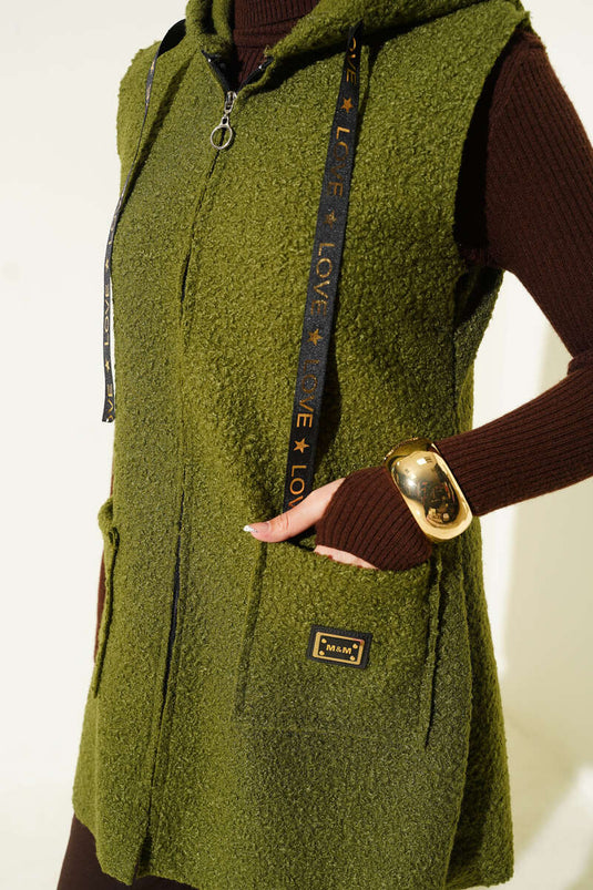 Hooded Bouclé Vest, Khaki