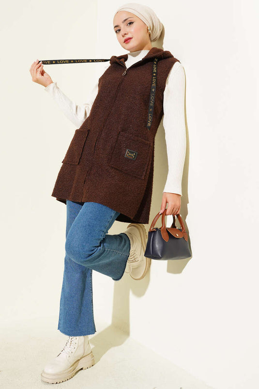 Hooded Bouclé Vest, Coffee
