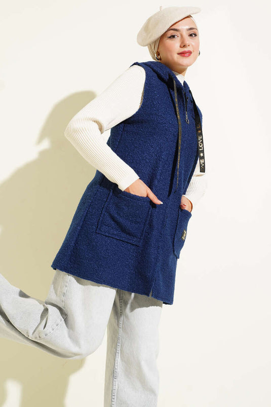 Kapüşonlu Buklet Yelek Lacivert