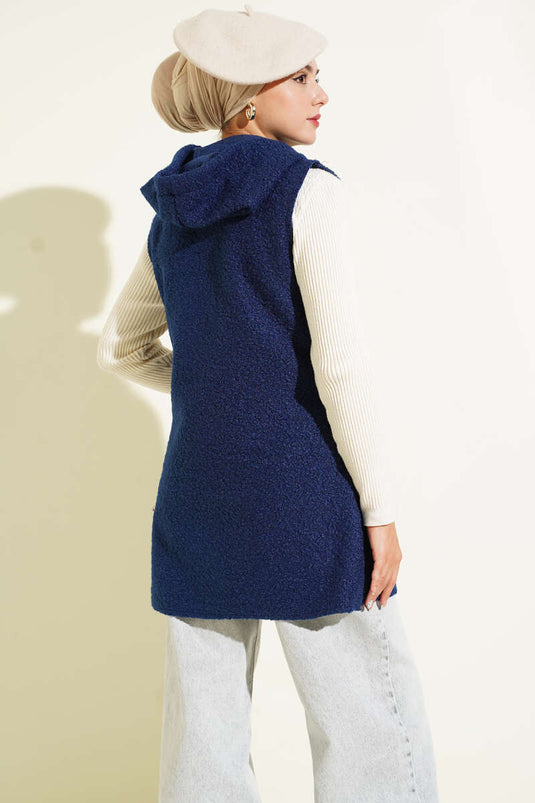 Hooded Bouclé Vest, Navy Blue