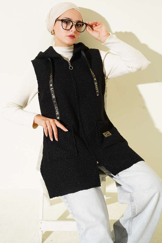 Kapuzenweste aus Bouclé, Schwarz