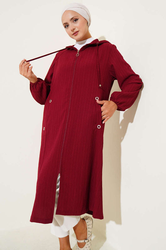 Hooded Pocket Tree Bark Coat Burgundy