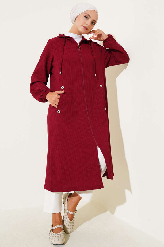 Hooded Pocket Tree Bark Coat Burgundy