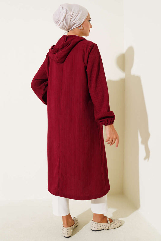 Hooded Pocket Tree Bark Coat Burgundy