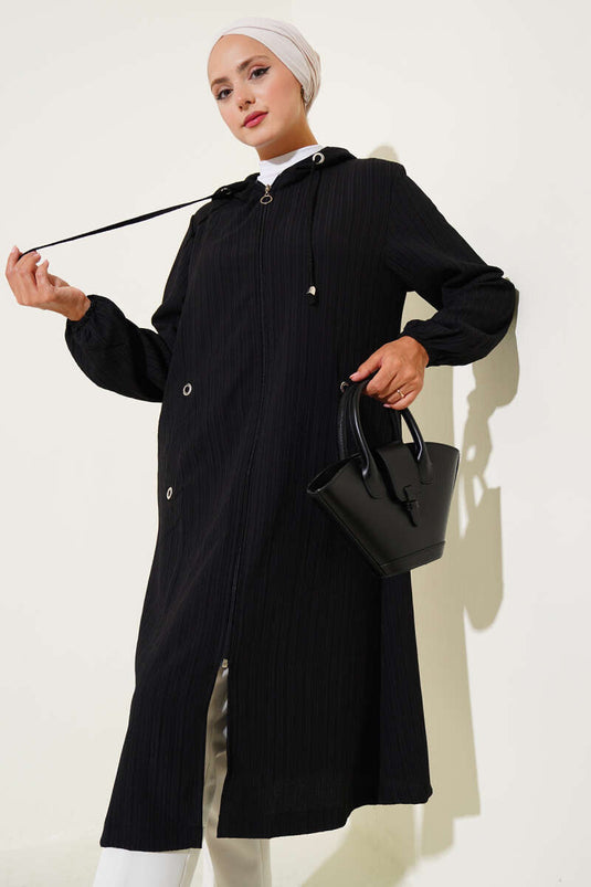 Kapüşonlu Cepli Ağaç Kabuğu Kap Siyah