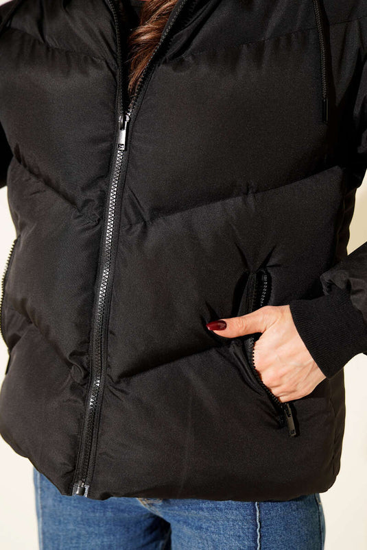 Kapuze mit Taschen Kurze Steppjacke Schwarz