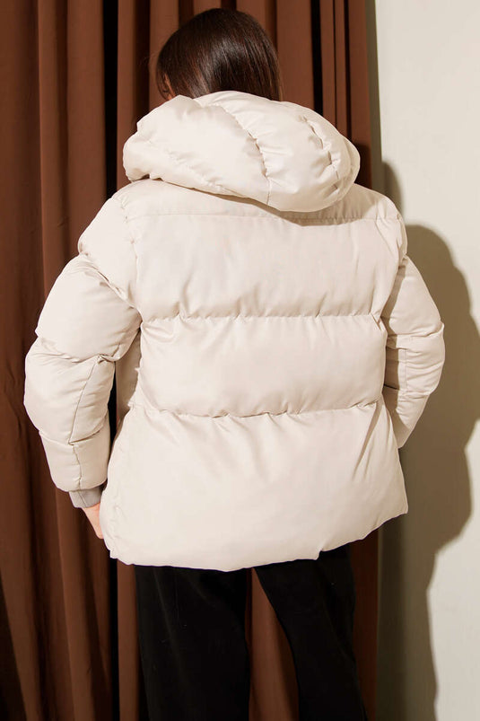 Veste courte matelassée à capuche avec poches, couleur pierre