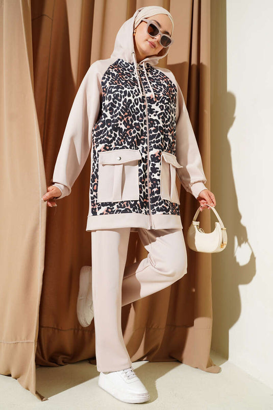 Hooded Pocket Leopard Print Scuba Two Piece Suit Beige