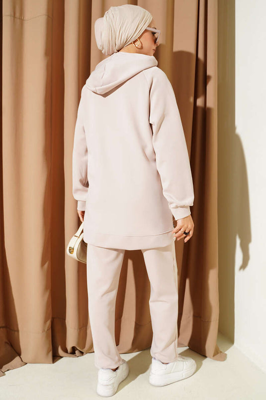 Hooded Pocket Leopard Print Scuba Two Piece Suit Beige