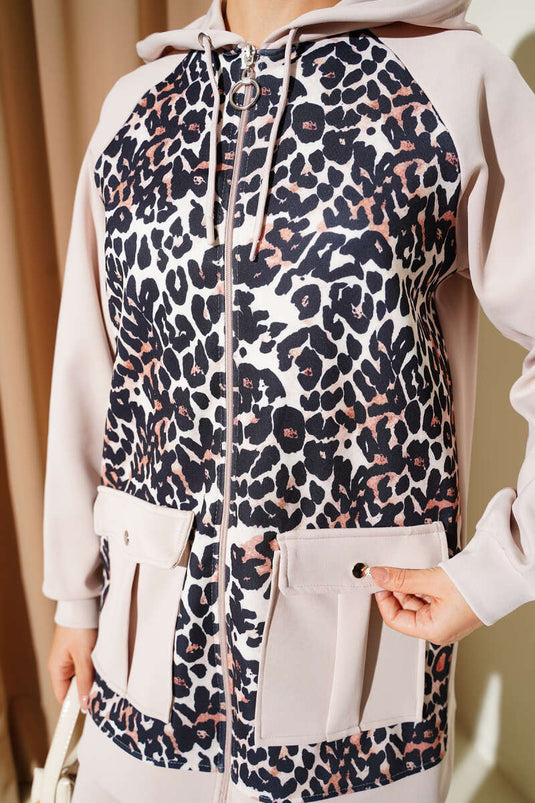 Hooded Pocket Leopard Print Scuba Two Piece Suit Beige