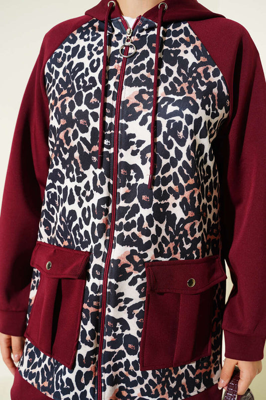 Kapüşonlu Cepli Leoparlı Scuba İkili Takım Bordo