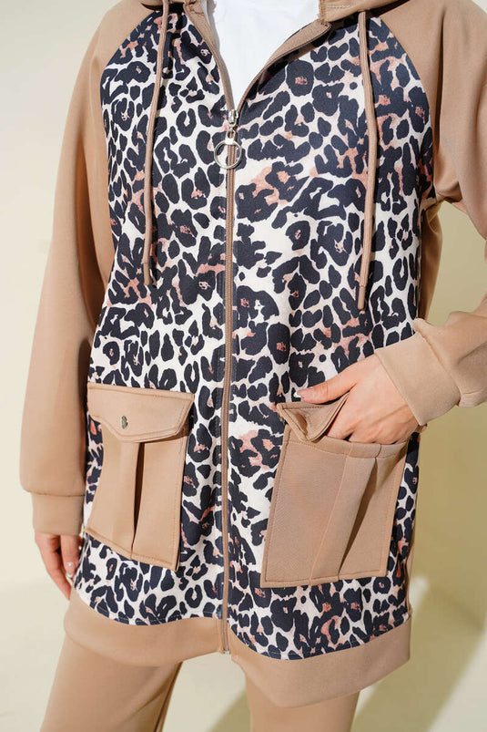 طقم غوص بنقشة جلد النمر مع غطاء للرأس وجيب من قطعتين - لاتيه