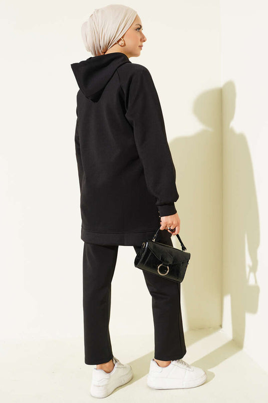 بدلة غوص من قطعتين بغطاء رأس وجيب ونقشة جلد النمر باللون الأسود