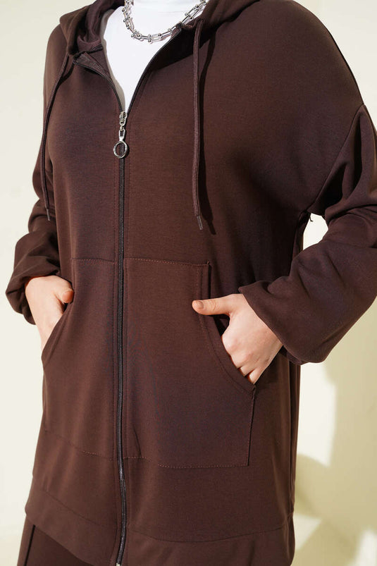 Hooded Pocket Loyşa Two-Piece Set Brown