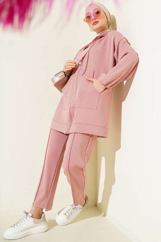 Kapüşonlu Cepli Loyşa İkili Takım Pudra