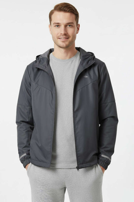 معطف رجالي موسمي بغطاء رأس وجيوب بلون رمادي دخاني