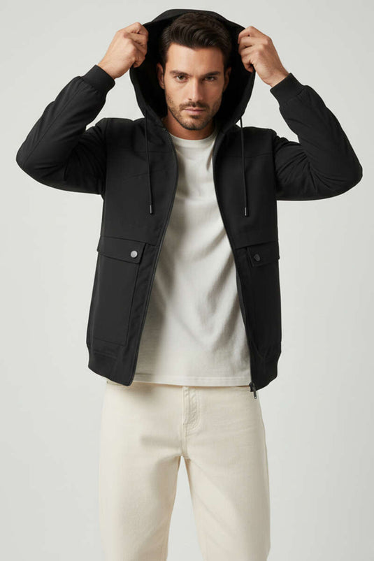 Jacke mit Kapuze und Taschen, Übergangsjacke, Schwarz