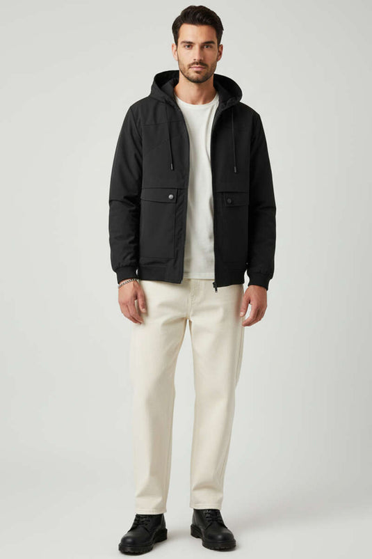 Jacke mit Kapuze und Taschen, Übergangsjacke, Schwarz