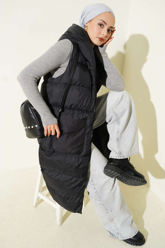 Kapüşonlu Cepli Uzun Şişme Yelek Siyah