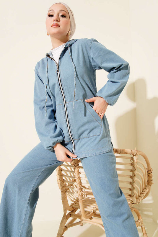 Hooded Denim Two-Piece Set with Double Pockets and Zipper, Light Blue