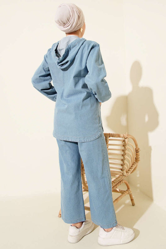 Hooded Denim Two-Piece Set with Double Pockets and Zipper, Light Blue