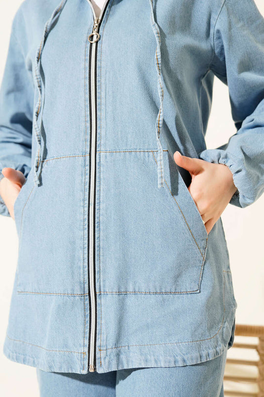 Hooded Denim Two-Piece Set with Double Pockets and Zipper, Light Blue