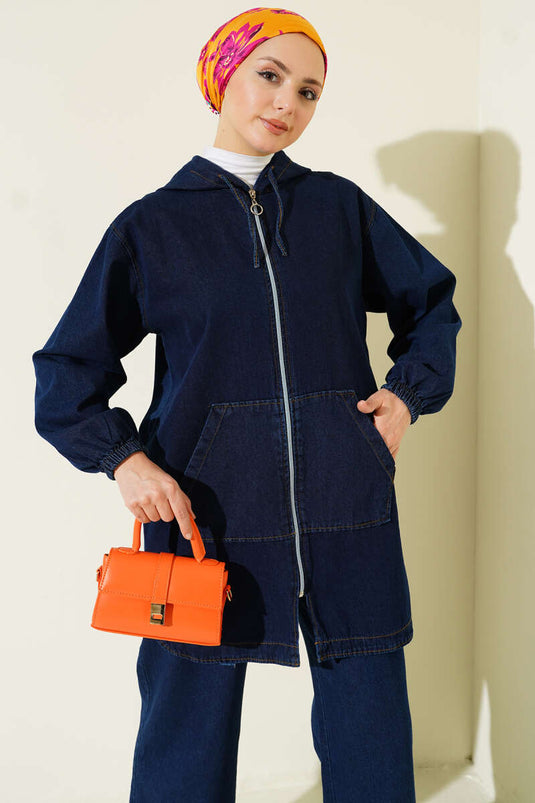 Navy Blue Denim Two-Piece Set with Hood, Double Pockets, and Zipper