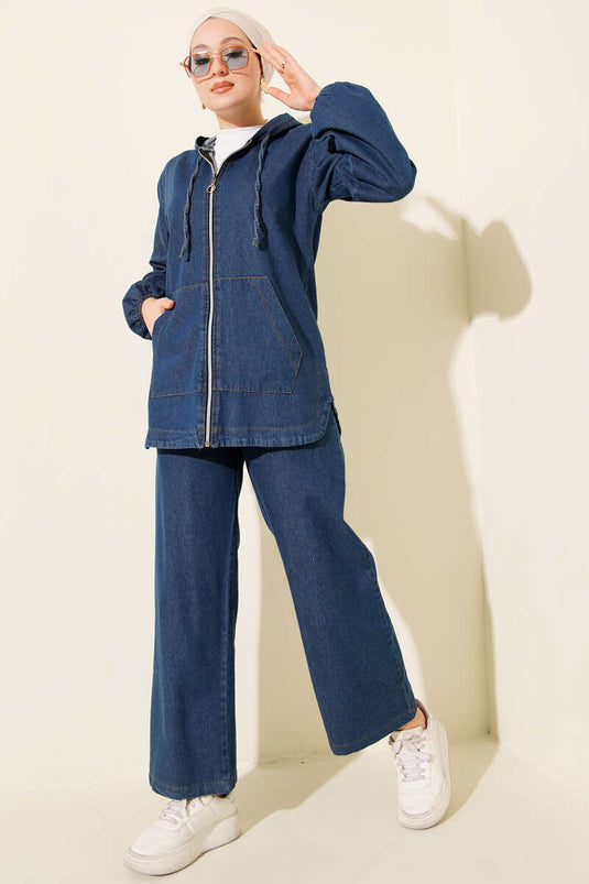 Hooded Double Pocket Zippered Denim Two-Piece Set In Blue