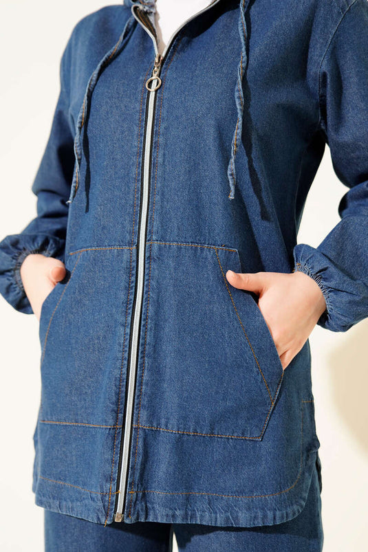 Hooded Double Pocket Zippered Denim Two-Piece Set In Blue