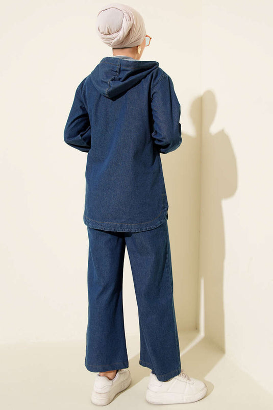 Hooded Denim Two-Piece Set with Double Pockets and Zipper, Blue