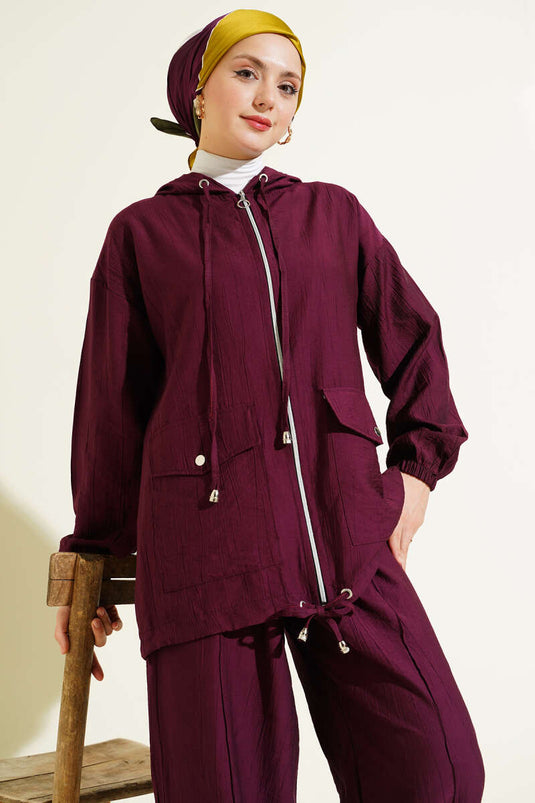 Kapüşonlu Çift Torba Cepli İkili Takım Bordo