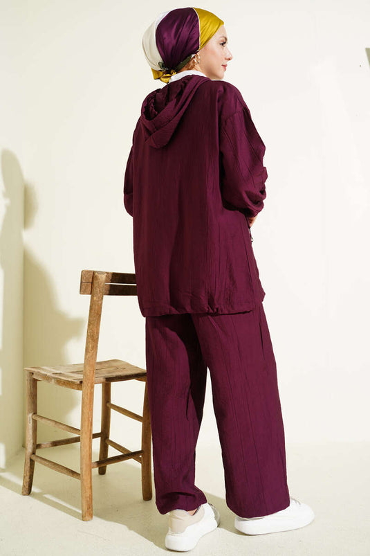 Kapüşonlu Çift Torba Cepli İkili Takım Bordo