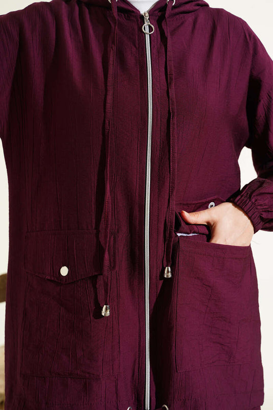 Hooded Double Pouch Pocket Two-Piece Set Burgundy
