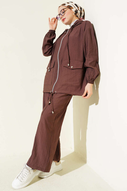 Hooded Double Pouch Pocket Two-Piece Set Brown